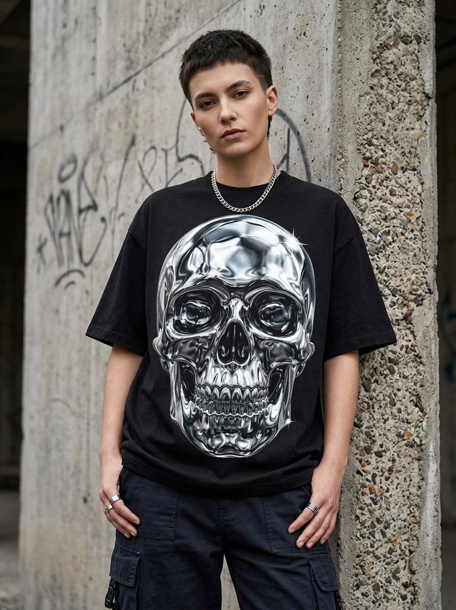 Chrome Skull oversized streetwear t-shirt - model