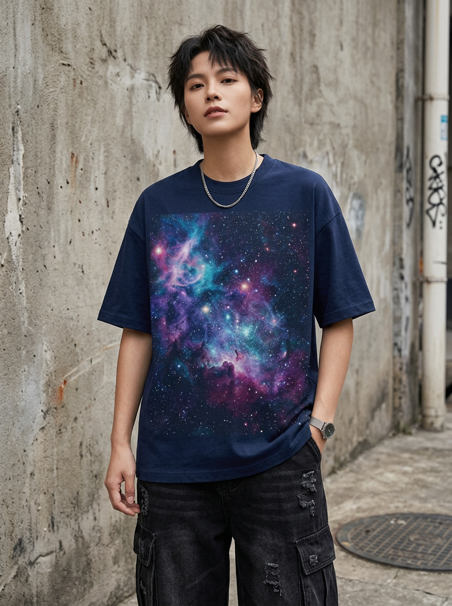 Cosmic Drift oversized streetwear t-shirt - model