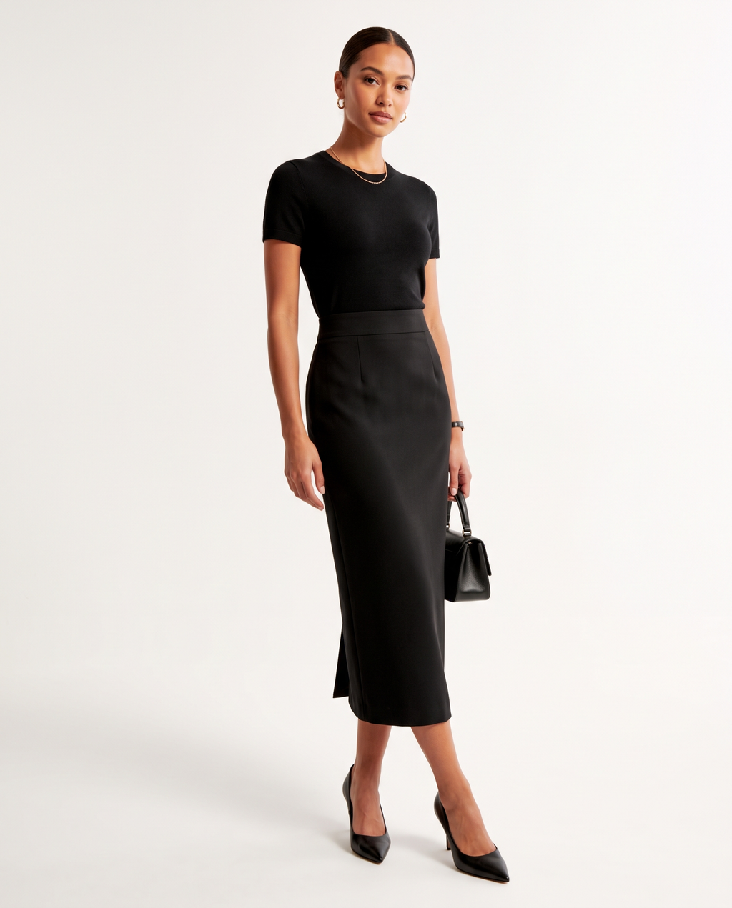 Women's Black High Waisted Pencil Midi Skirt – model view