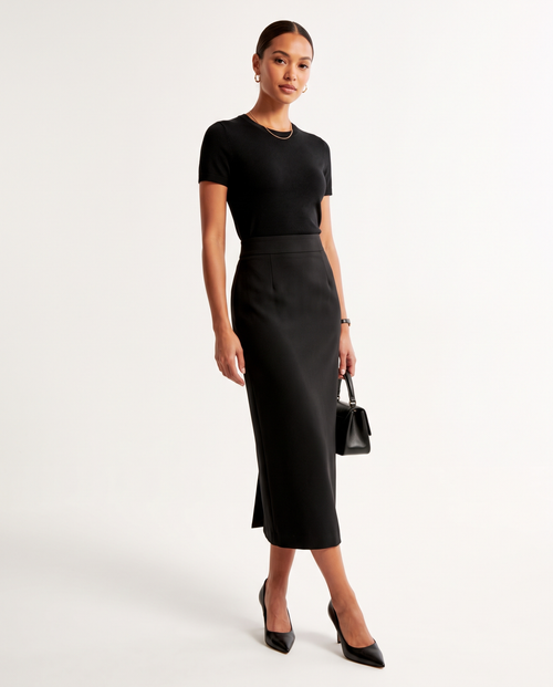 Women's Black High Waisted Pencil Midi Skirt – model view