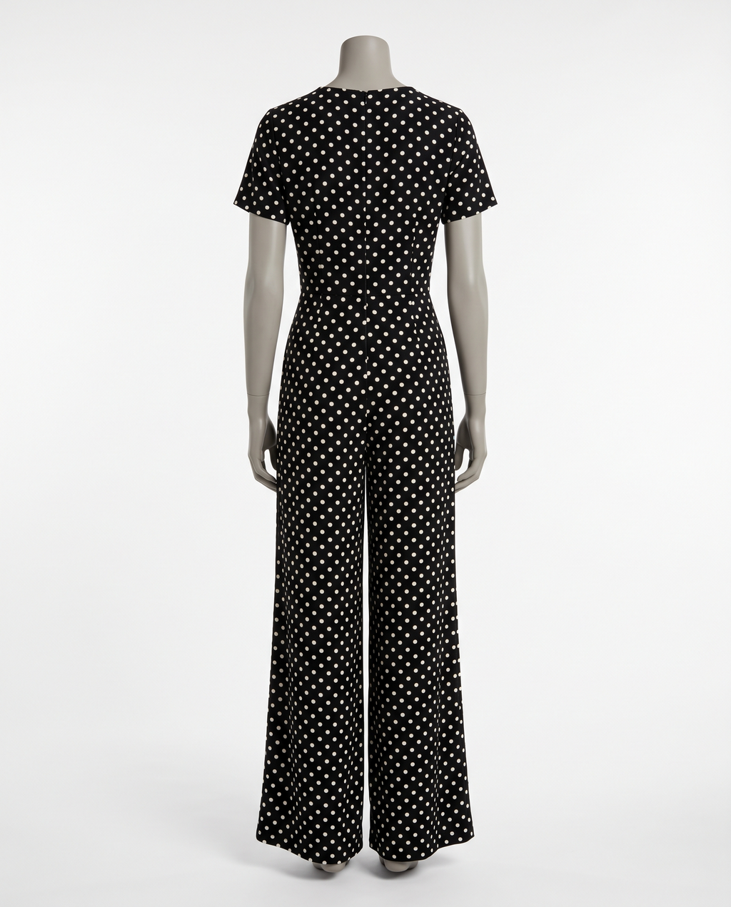 Women's Black Polka Dot V-Neck Wide Leg Jumpsuit - Short Sleeve – back view