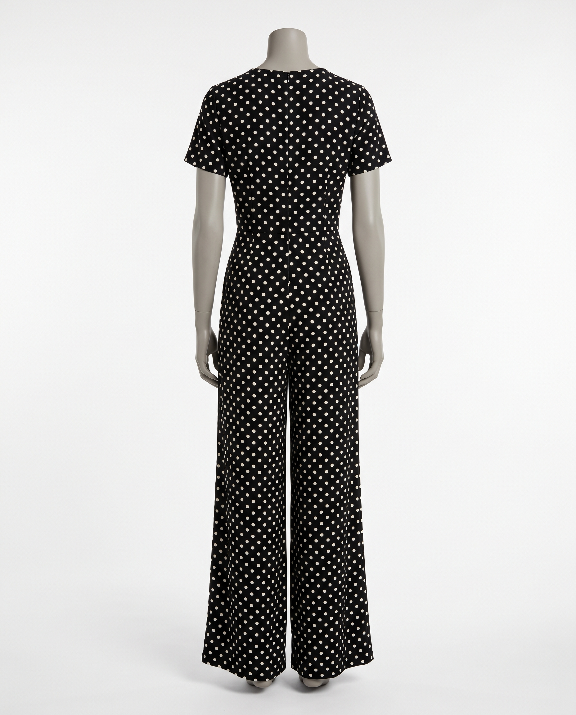 Women's Black Polka Dot V-Neck Wide Leg Jumpsuit - Short Sleeve – back view