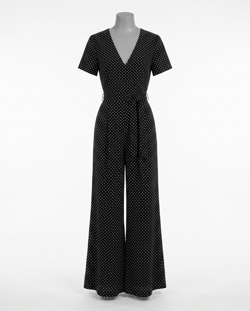 Women's Black Polka Dot V-Neck Wide Leg Jumpsuit - Short Sleeve – front view