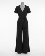 Women's Black Polka Dot V-Neck Wide Leg Jumpsuit - Short Sleeve – front view