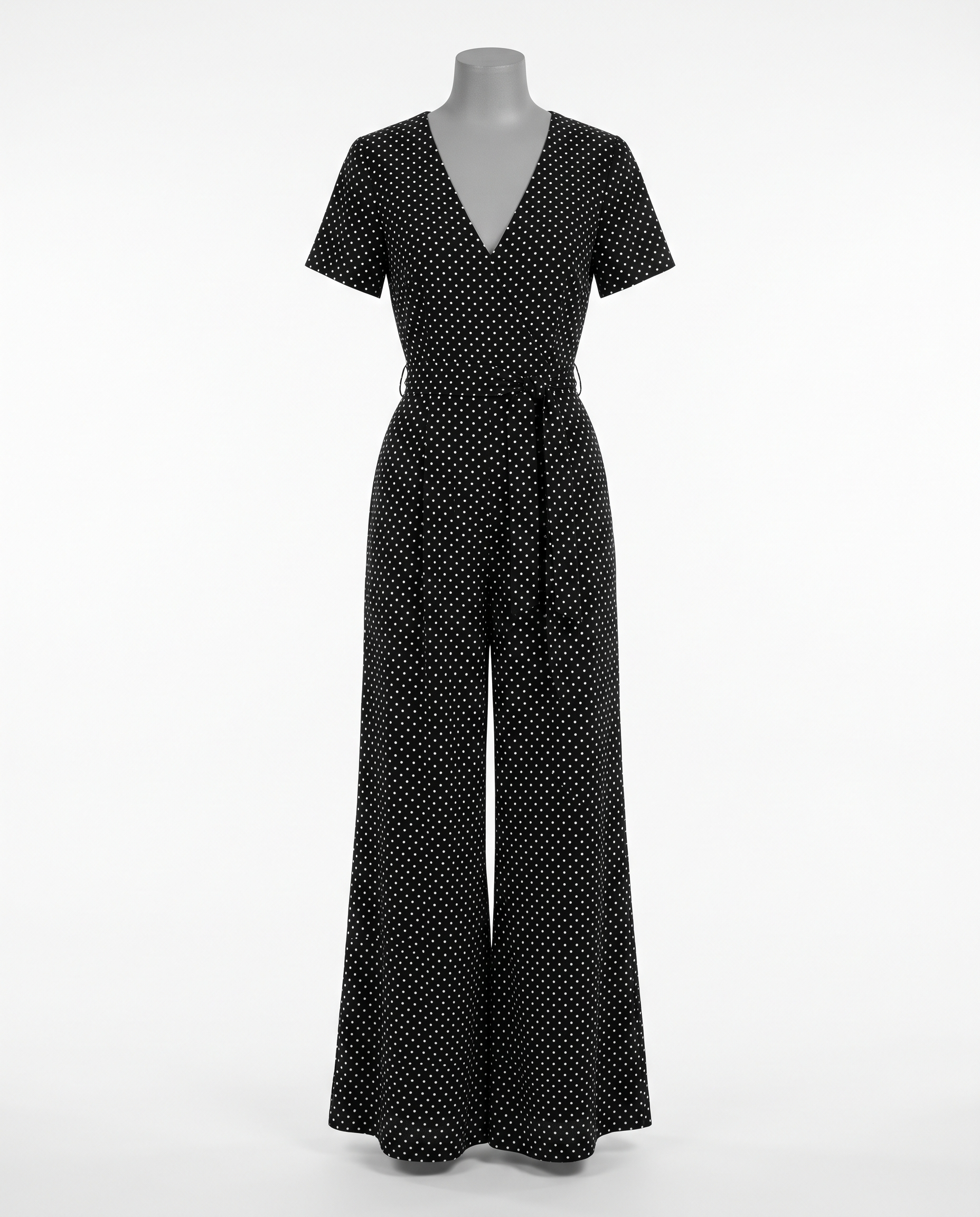 Women's Black Polka Dot V-Neck Wide Leg Jumpsuit - Short Sleeve – front view