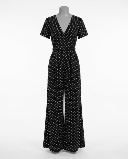 Women's Black Polka Dot V-Neck Wide Leg Jumpsuit - Short Sleeve – front view