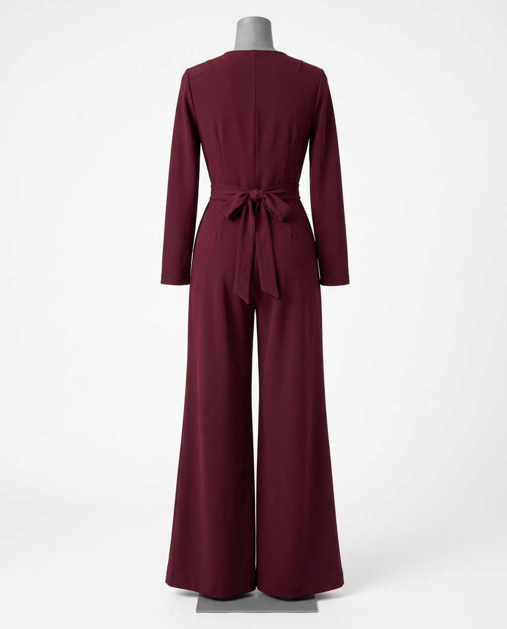 Women's Burgundy Long Sleeve Wrap Wide Leg Jumpsuit – back view