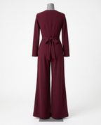 Women's Burgundy Long Sleeve Wrap Wide Leg Jumpsuit – back view