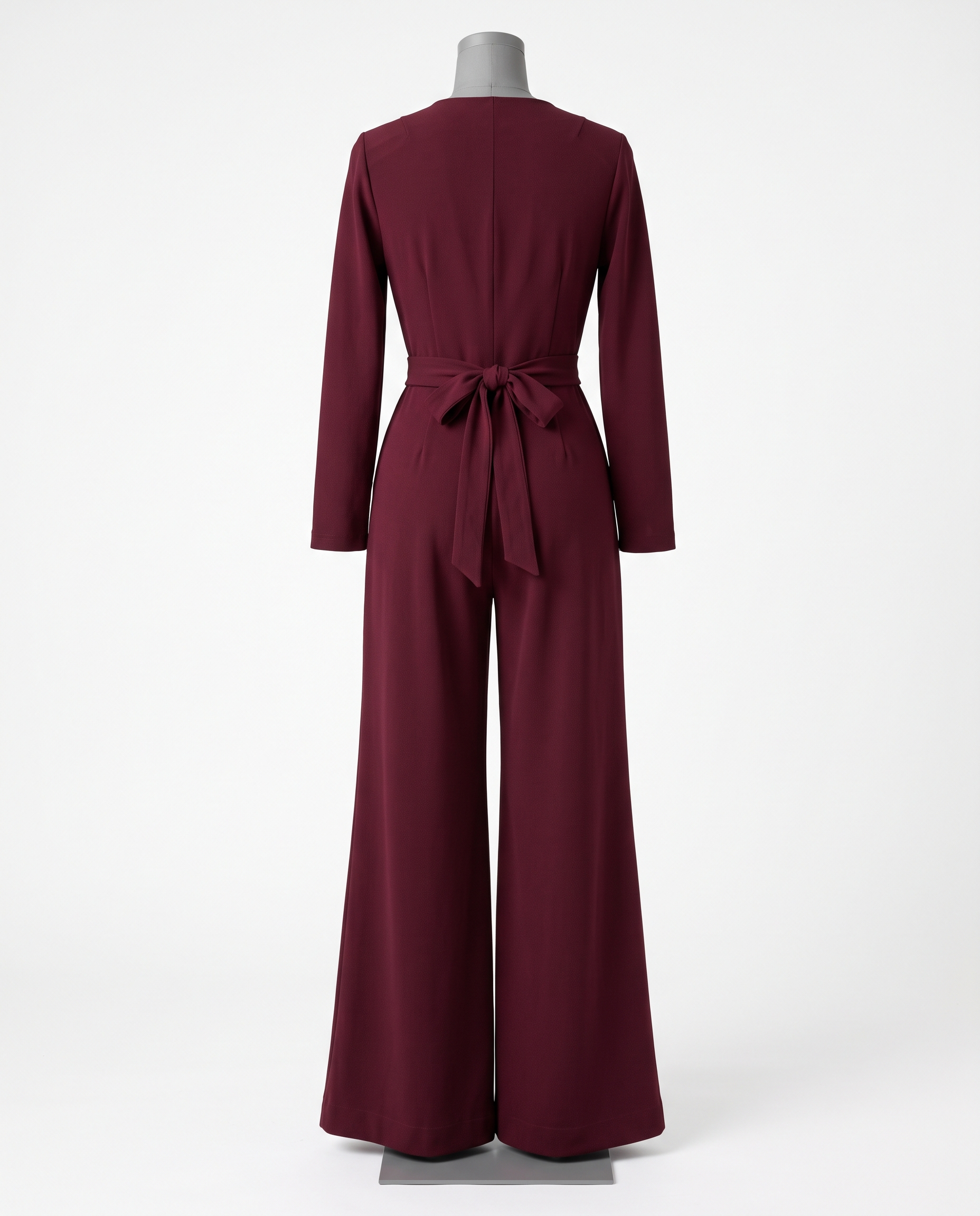 Women's Burgundy Long Sleeve Wrap Wide Leg Jumpsuit – back view