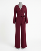 Women's Burgundy Long Sleeve Wrap Wide Leg Jumpsuit – front view