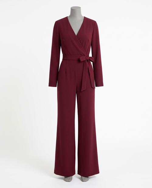 Women's Burgundy Long Sleeve Wrap Wide Leg Jumpsuit – front view