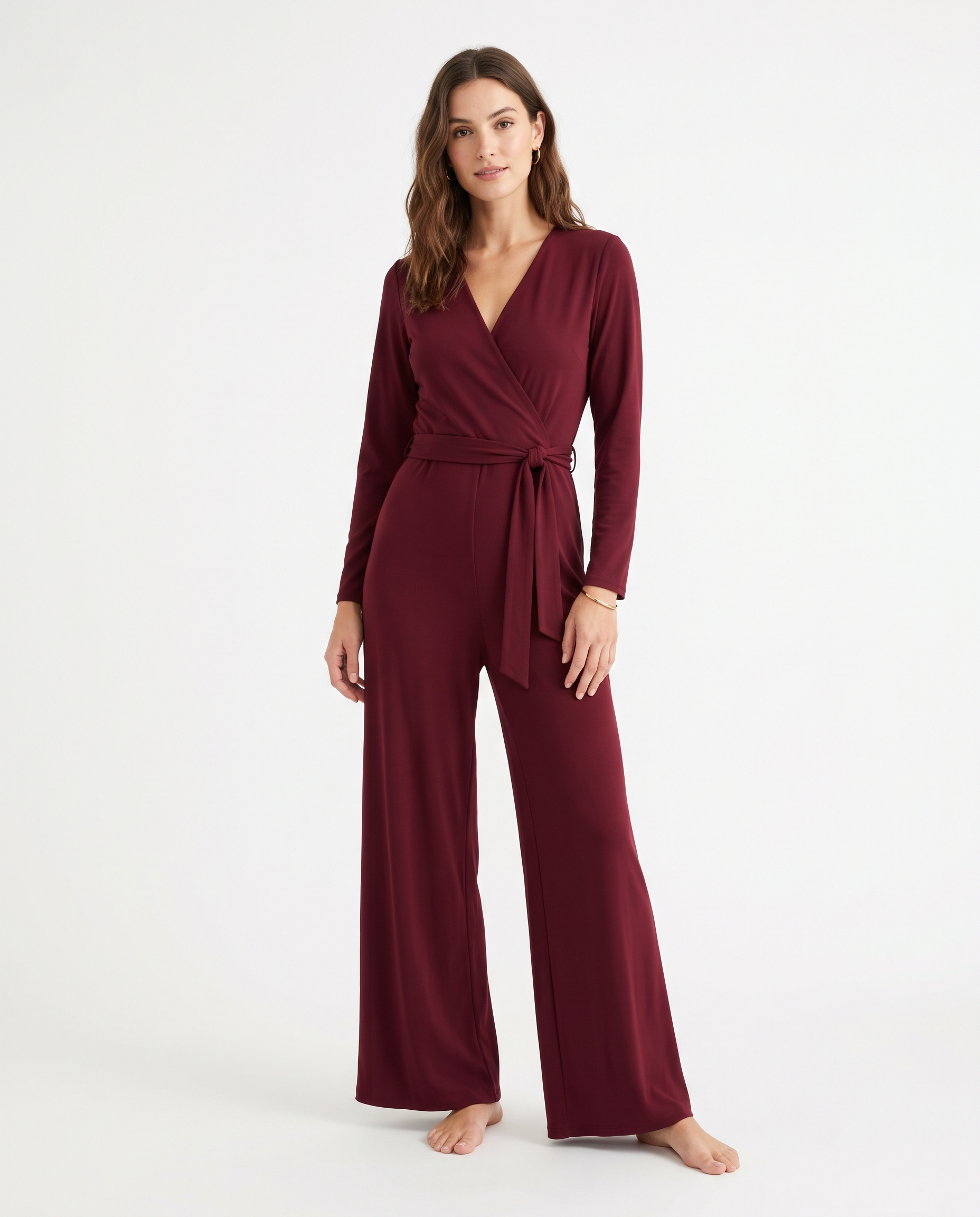 Women's Burgundy Long Sleeve Wrap Wide Leg Jumpsuit – model view