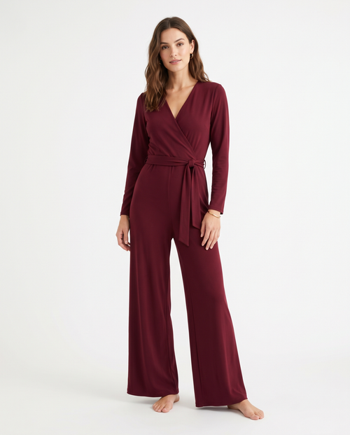 Women's Burgundy Long Sleeve Wrap Wide Leg Jumpsuit – model view