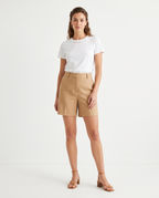 Women's Camel High Waisted Tailored Shorts – model view