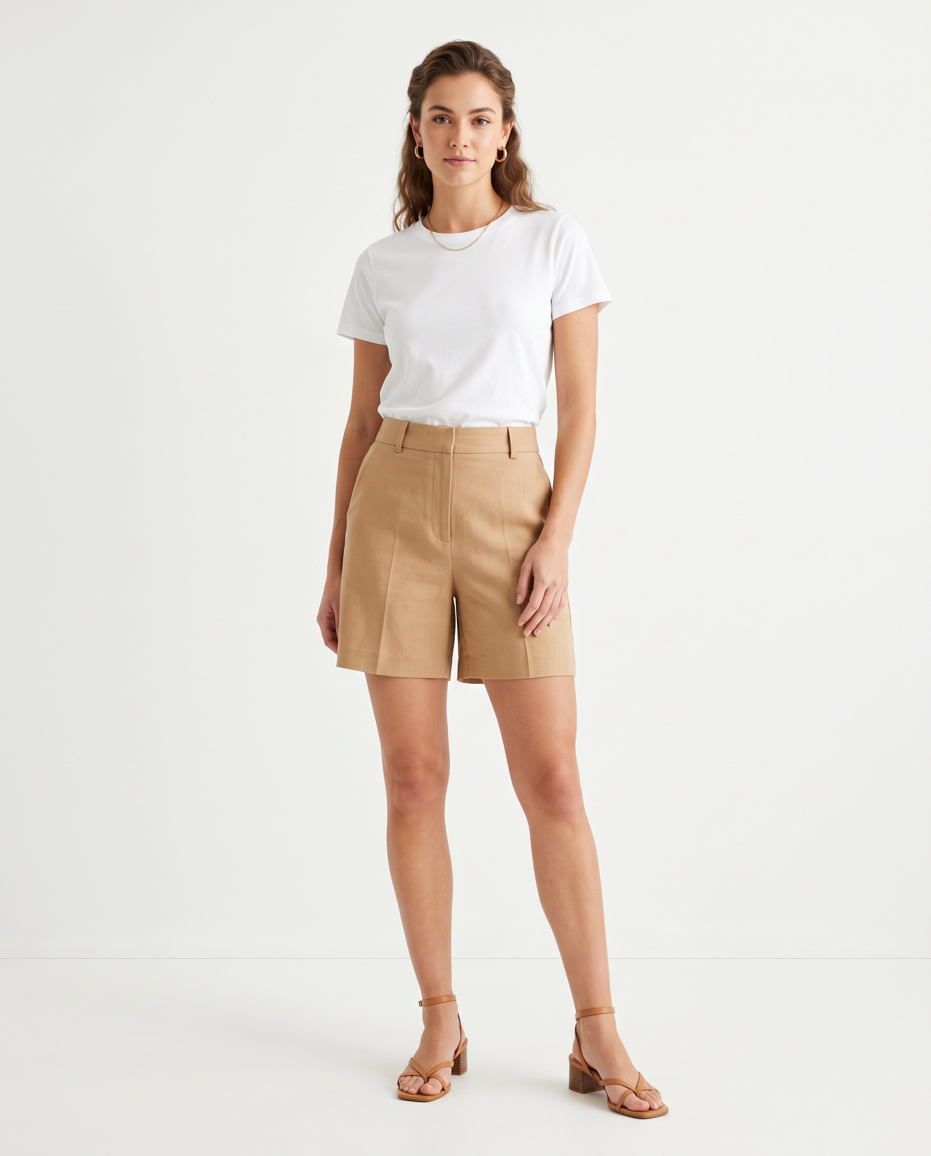 Women's Camel High Waisted Tailored Shorts – model view