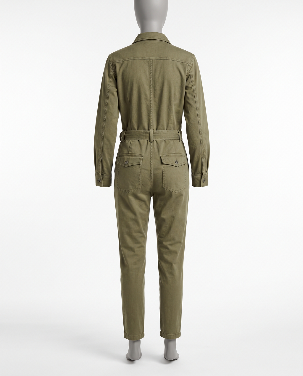 Women's Khaki Utility Jumpsuit - Belted Long Sleeve Tapered Leg – back view