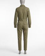 Women's Khaki Utility Jumpsuit - Belted Long Sleeve Tapered Leg – back view
