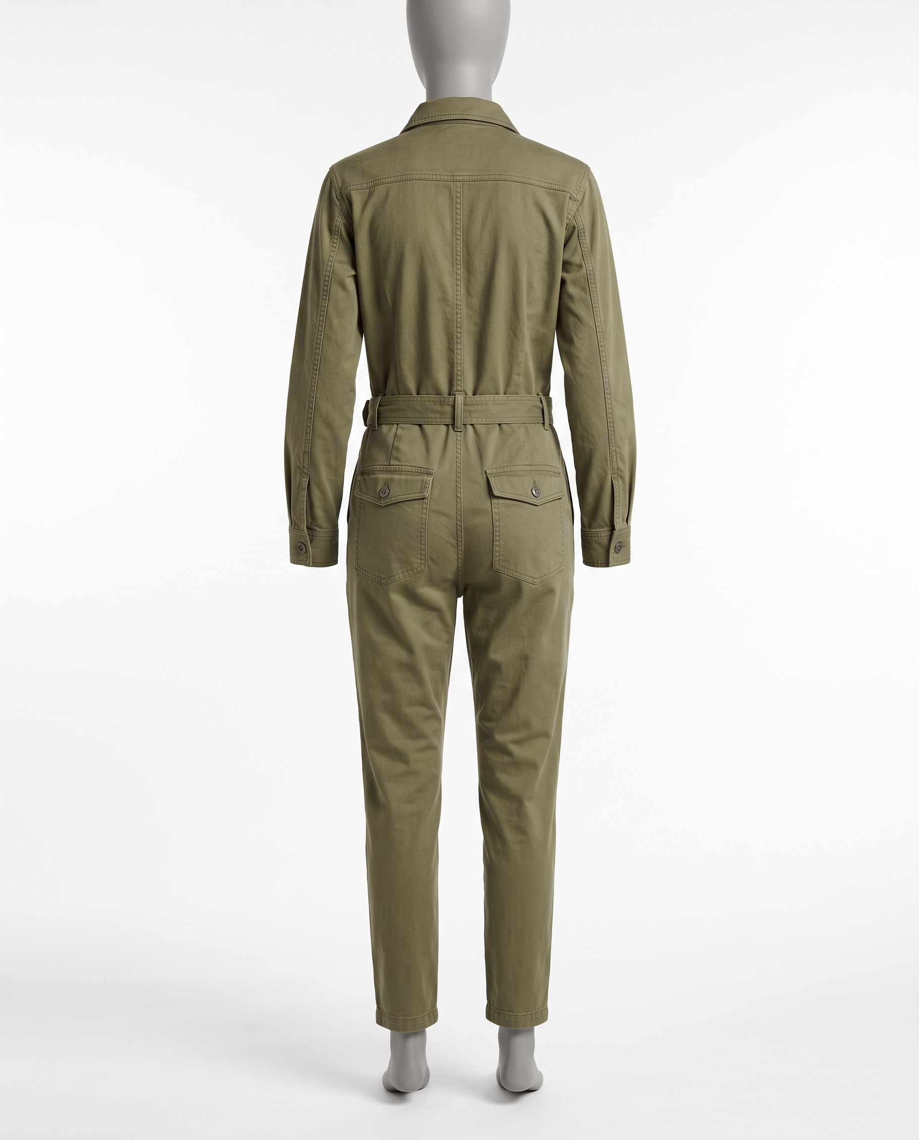 Women's Khaki Utility Jumpsuit - Belted Long Sleeve Tapered Leg – back view