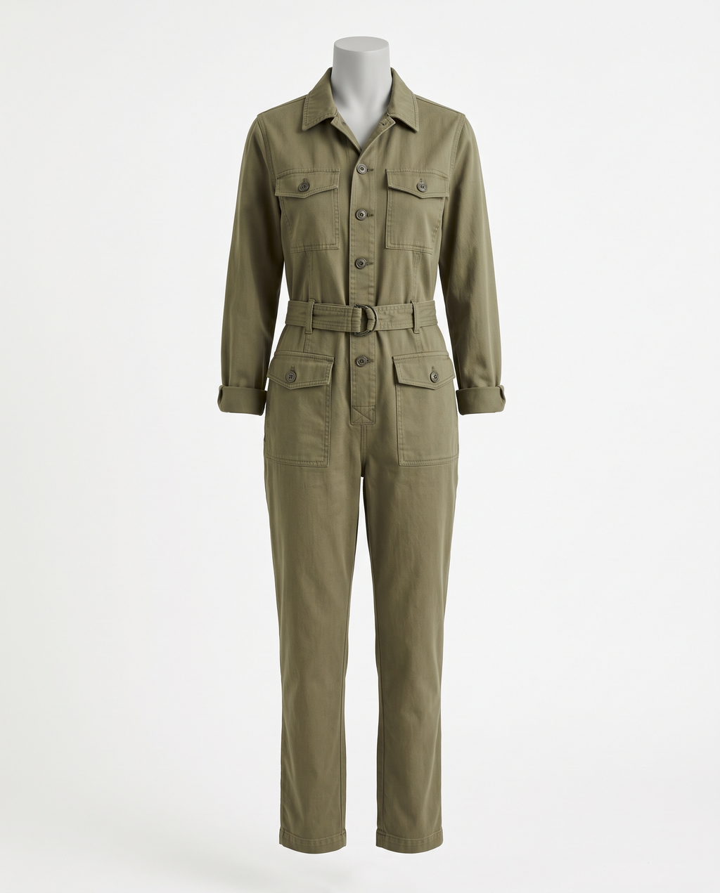 Women's Khaki Utility Jumpsuit - Belted Long Sleeve Tapered Leg – front view