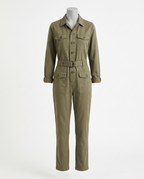 Women's Khaki Utility Jumpsuit - Belted Long Sleeve Tapered Leg – front view