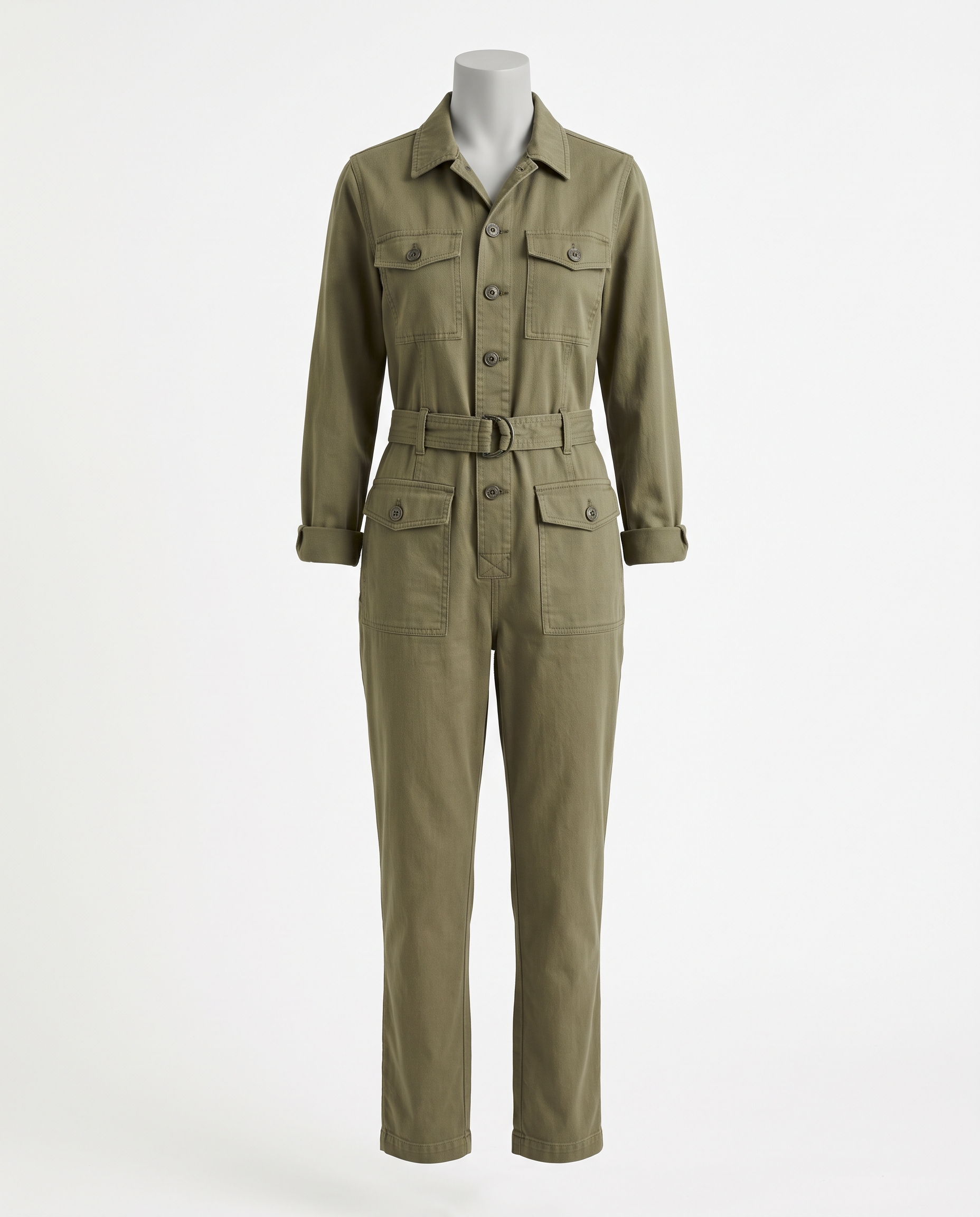 Women's Khaki Utility Jumpsuit - Belted Long Sleeve Tapered Leg – front view