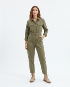 Women's Khaki Utility Jumpsuit - Belted Long Sleeve Tapered Leg – model view