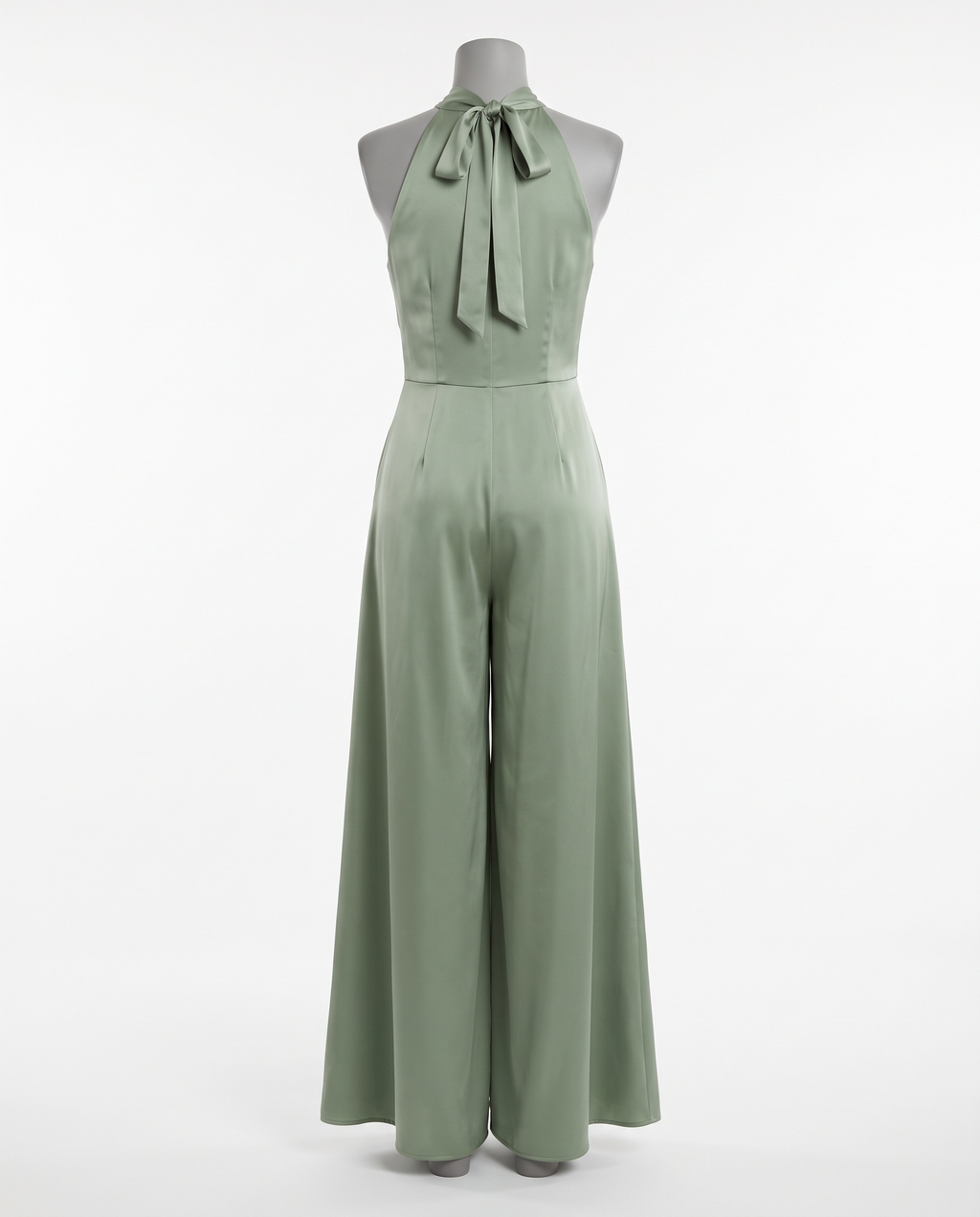 Women's Sage Green Halter Neck Satin Jumpsuit - Sleeveless Wide Leg – back view