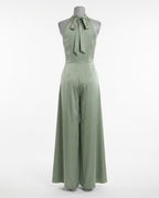 Women's Sage Green Halter Neck Satin Jumpsuit - Sleeveless Wide Leg – back view