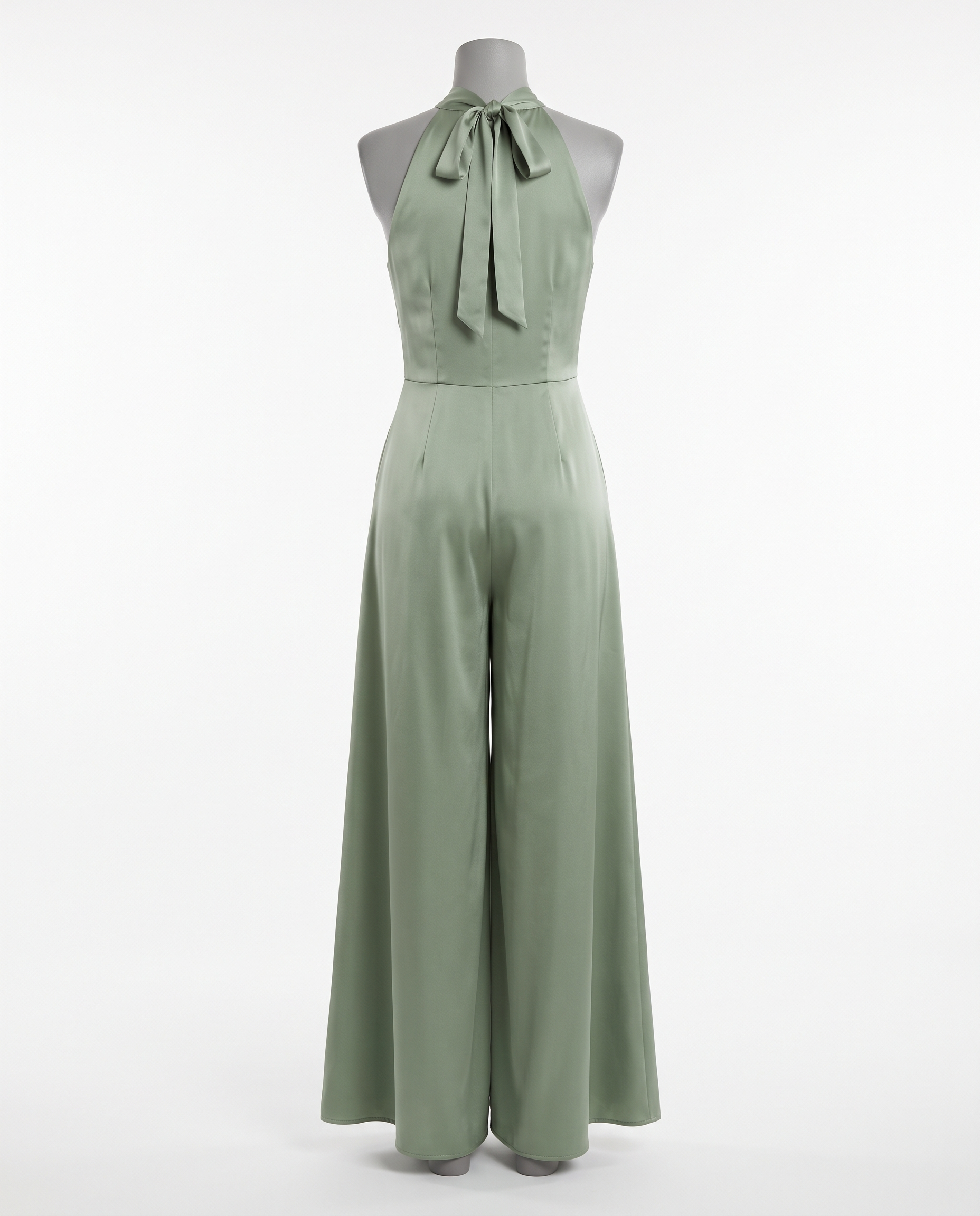 Women's Sage Green Halter Neck Satin Jumpsuit - Sleeveless Wide Leg – back view