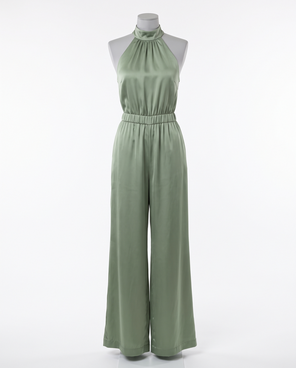 Women's Sage Green Halter Neck Satin Jumpsuit - Sleeveless Wide Leg – front view