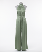 Women's Sage Green Halter Neck Satin Jumpsuit - Sleeveless Wide Leg – front view