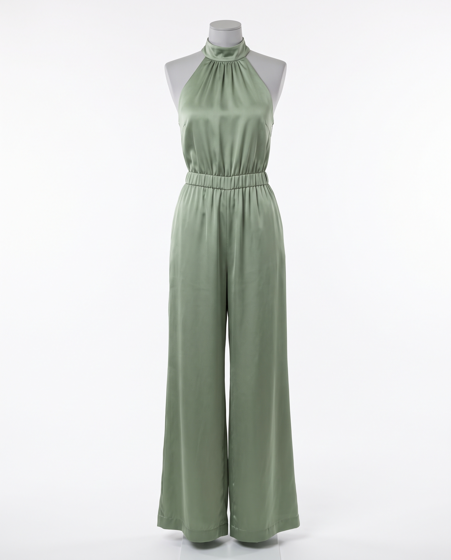 Women's Sage Green Halter Neck Satin Jumpsuit - Sleeveless Wide Leg – front view