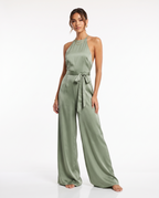 Women's Sage Green Halter Neck Satin Jumpsuit - Sleeveless Wide Leg – model view