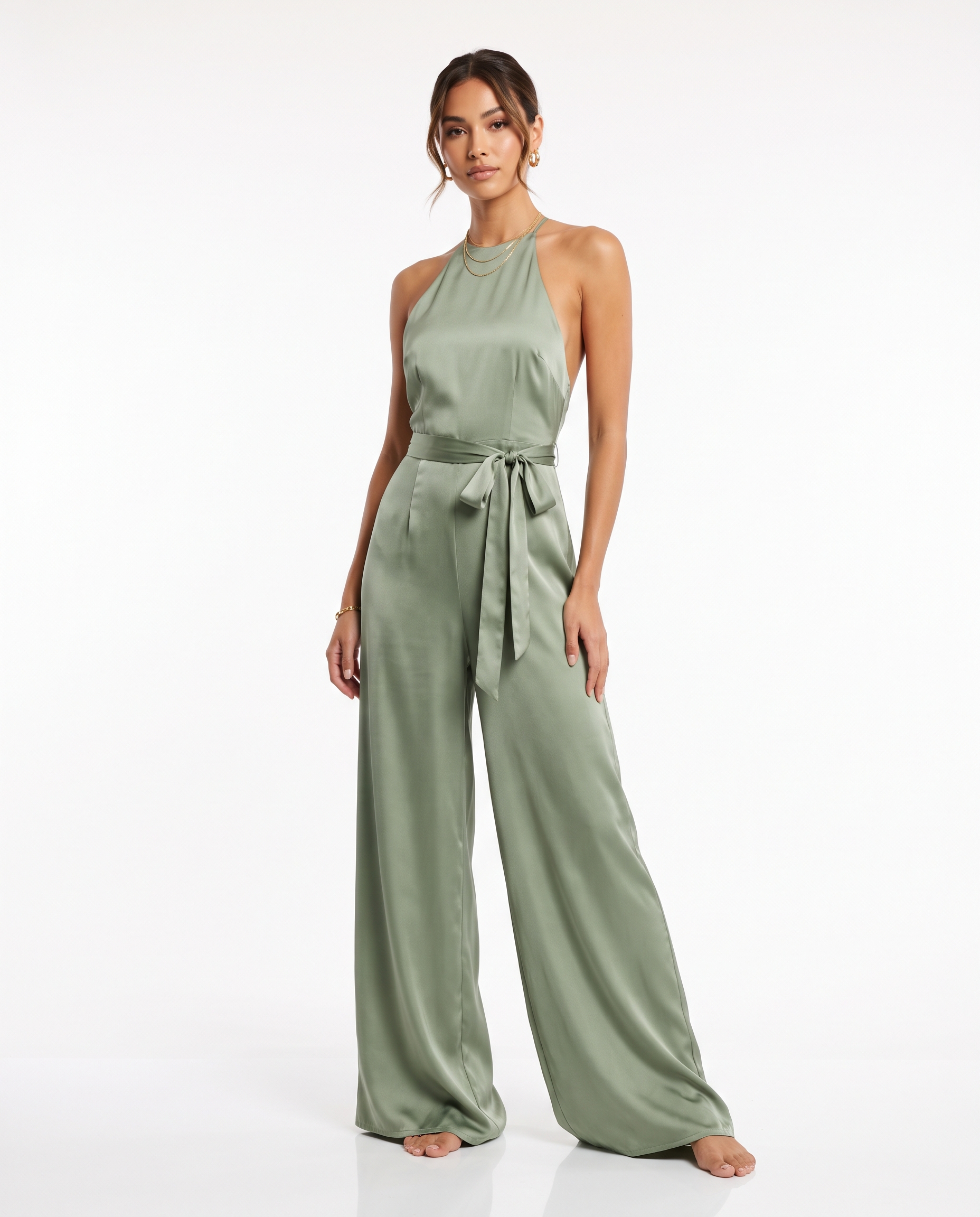 Women's Sage Green Halter Neck Satin Jumpsuit - Sleeveless Wide Leg – model view