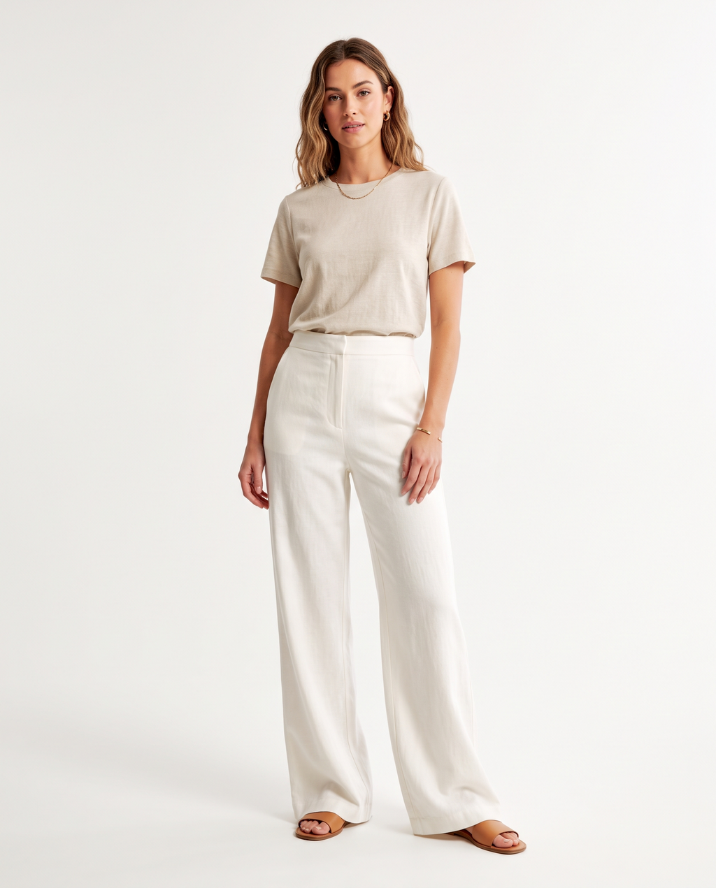 Women's White High Waisted Wide Leg Linen Trousers – model view