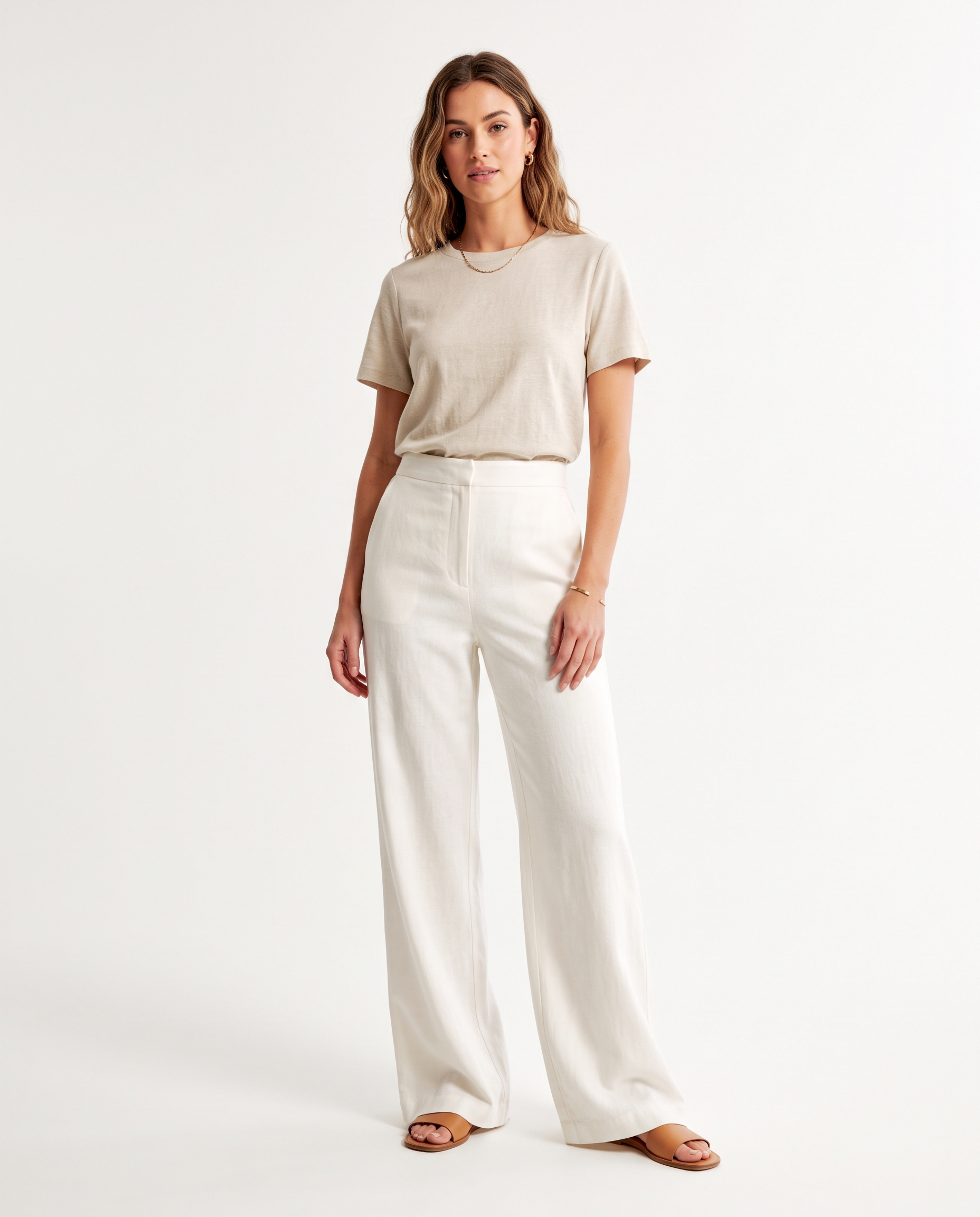 Women's White High Waisted Wide Leg Linen Trousers – model view
